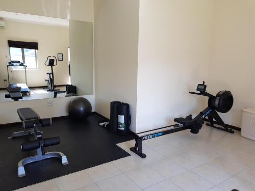 a room with a gym with tread machines and a mirror at The Syrene Boutique Hotel in Johannesburg