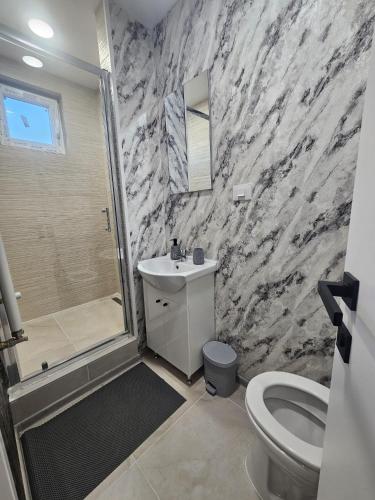 a bathroom with a sink and a shower and a toilet at Vila Kalibu 3 in Iaşi