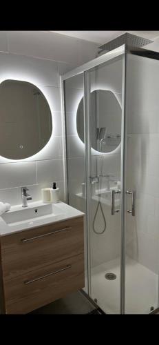 une salle de bain avec une douche, un lavabo et un miroir dans l'établissement La suite iris, à Nîmes