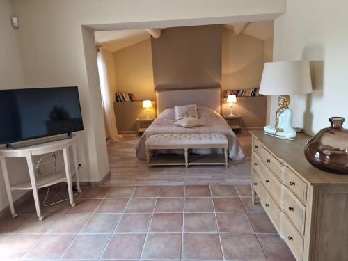 une chambre avec un lit et une télévision à écran plat dans l'établissement Superbe Villa Golf Vedène avec Piscine, à Vedène