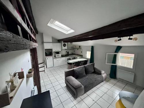 ein Wohnzimmer mit Couch und Küche in der Unterkunft Studio Cosy au Coeur de Narbonne in Narbonne