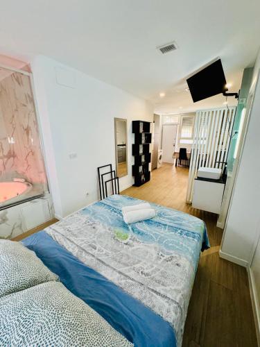 una camera da letto con un letto e un soggiorno di Apartamento con Jacuzzi Privado Aguacate a Madrid