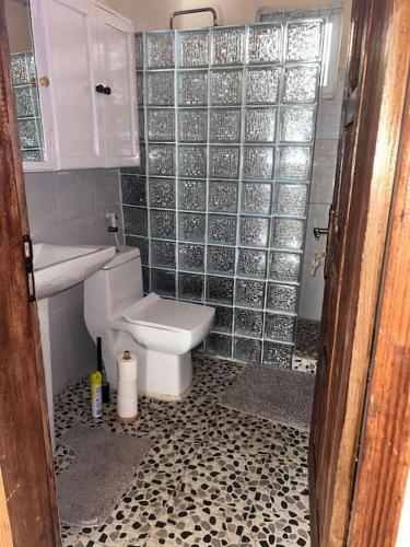 ein Badezimmer mit Toilette und gefliester Wand in der Unterkunft Exclusive Boutique Style Villa in Freetown