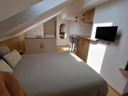 a bedroom with a bed and a kitchen with a counter at Une Cabane au Verger in Anthisnes