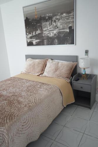 a bedroom with a bed with a picture on the wall at Luxury apartment 1 in Tampa