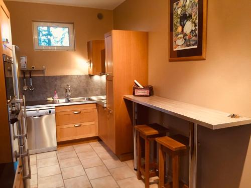 La cuisine est équipée d'un comptoir, d'un évier et d'un réfrigérateur. dans l'établissement Château Folies - Escapade Nature Gîte 120m2 - 5 couchages, à Marolles