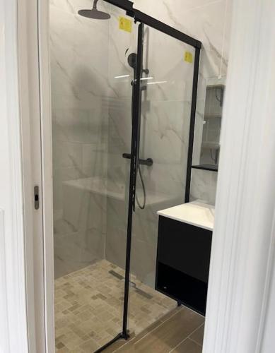 une douche avec une porte vitrée dans une salle de bain dans l'établissement Appartement avec jardin C, à Nogent-sur-Marne