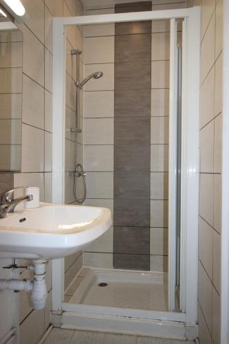 une salle de bain avec un lavabo et une douche dans l'établissement Chez Marie et Geneviève - Verdun Centre - STUDIO - 2 GRANDS LITS - Géré par Presta-Zen'Services, à Verdun-sur-Meuse