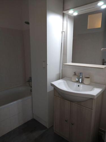 une salle de bain blanche avec un lavabo et un miroir dans l'établissement Appartement vue sur château fort de Lourdes, à Lourdes