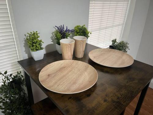 Westoverにある1BR Garden Oasis in Westover, Pet-Friendly, WVUの鉢植えの植物が置かれた木製のテーブルの上に置かれた3つの木製のテーブル