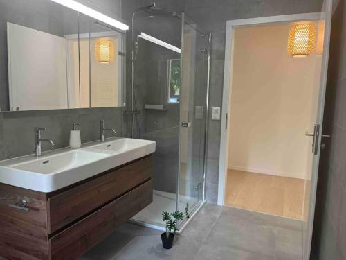 a bathroom with a sink and a shower at Luxury lakeside home Geneva Lausanne in Rolle