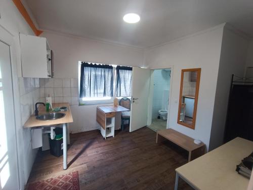 a small kitchen with a sink and a desk at GranseeHOSTEL in Gransee