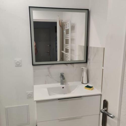 une salle de bain blanche avec un lavabo et un miroir dans l'établissement Petit cocon moderne avec clim, à Châteauroux