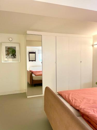 a bedroom with a bed and a mirror at Apartment close to campus in Nijmegen