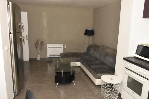 un salon avec un canapé et une table en verre dans l'établissement Bas de Villa tropicale SANARY, à Sanary-sur-Mer