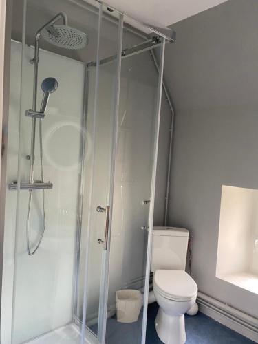 une salle de bain avec toilettes et douche en verre dans l'établissement Studio à Vierville-sur- mer(plage du Débarquement), à Vierville-sur-Mer