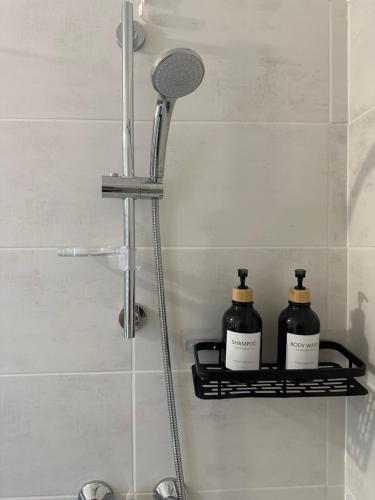 une étagère de douche avec deux bouteilles dessus dans une salle de bain dans l'établissement Appartement entre Paris et Disney, à Noisy-le-Grand