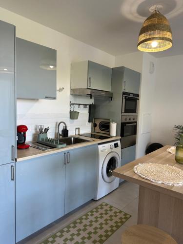 une cuisine avec un évier et une machine à laver dans l'établissement Appartement entre Paris et Disney, à Noisy-le-Grand