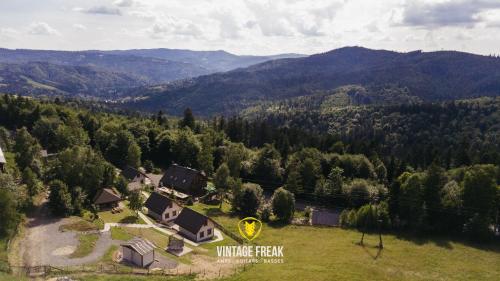 an aerial view of a house in the mountains at Domki - Zajazd Zieleńska Polana in Wisła