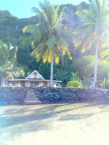 a house with palm trees and a stone wall at Maupiti Authentique in Te-Fare-Arii