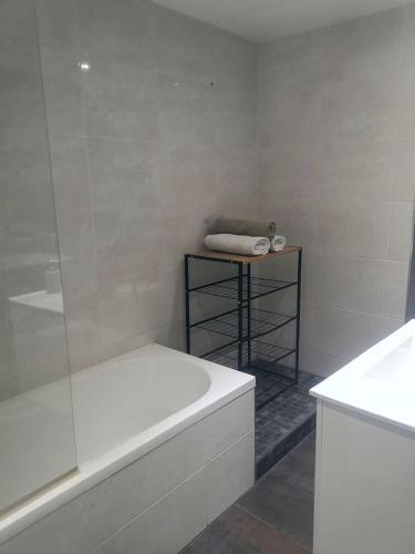 La salle de bains blanche est pourvue d'une baignoire et d'une douche en verre. dans l'établissement Chapeau Rouge - Appartement au cœur de la ville, à Dijon