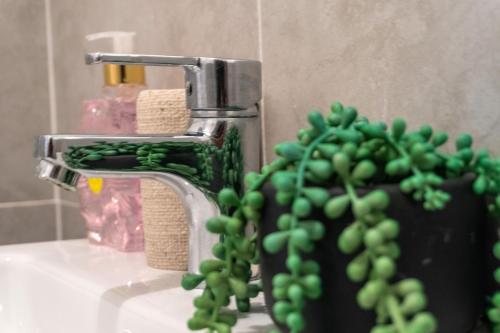 a bathroom sink with a faucet and a green plant at Luxury House in Ashford with Free parking 2x in Kent