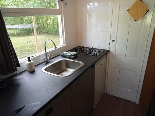 een aanrecht met een wastafel en een raam bij Verblijf Trijntje in Nieuwaal
