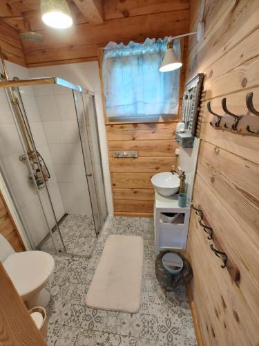 a bathroom with a shower and a toilet and a sink at Domek z bala na Podlasiu z balią ogrodową in Suszcza