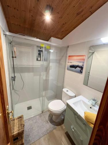 a bathroom with a shower and a toilet and a sink at Paradise Costa Bella in Fasnia