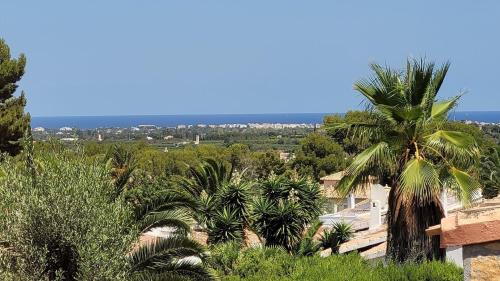 a view of palm trees and the ocean at Ferienhaus mit Meerblick, Klimaanlagen, Heizung und schnellem Wlan, privater Parkplatz in Muntanya la Sella
