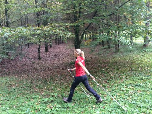 a woman walking on poles in the woods at Rifugio Pranolz in Trichiana