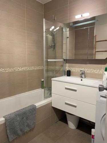 a bathroom with a sink and a shower and a tub at Charmant 2 pièces vue sur jardin in Saint-Cloud