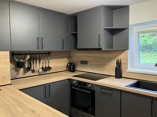 a kitchen with gray cabinets and a counter top at Chata u Járy in Trojanovice