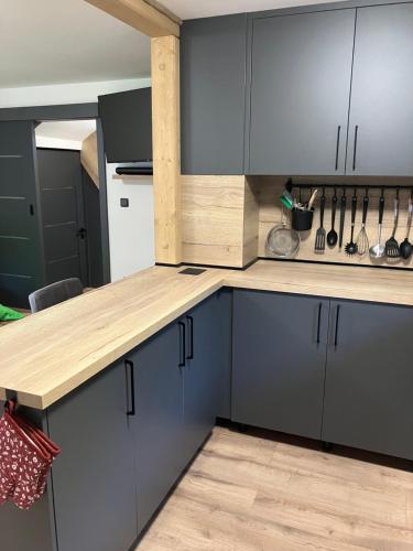 a kitchen with blue cabinets and a wooden counter top at Chata u Járy in Trojanovice