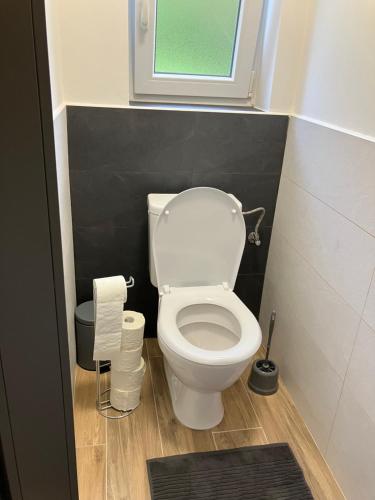 a small bathroom with a toilet and a window at Chata u Járy in Trojanovice