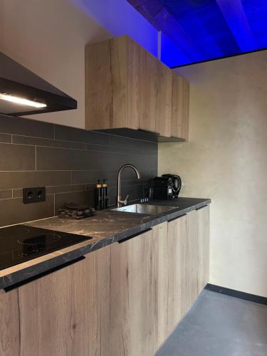a kitchen with wooden cabinets and a sink at De Koningsspil - Daar bij die Kempermolen in Breedenbroek