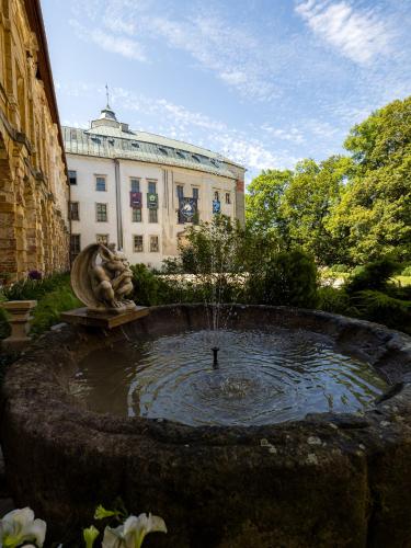 a large fountain in front of a building at Zamek Międzylesie in Międzylesie