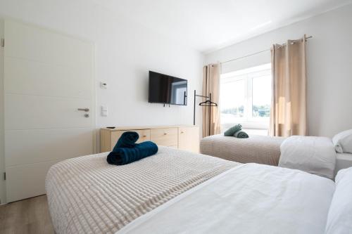 Un dormitorio con dos camas y un televisor en la pared. en Luxury Zweibrücken Workers Rooms 1, en Zweibrücken