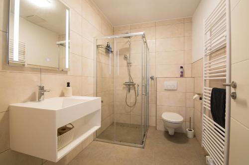 Un baño con lavabo, ducha e inodoro. en Luxury Zweibrücken Workers Rooms 1, en Zweibrücken