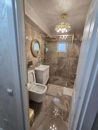 a bathroom with a toilet and a sink and a mirror at RIN HOUSe 1 in Drobeta-Turnu Severin