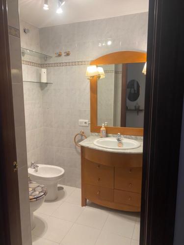 a bathroom with a sink and a toilet and a mirror at DonostiNest in Donostia-San Sebastián