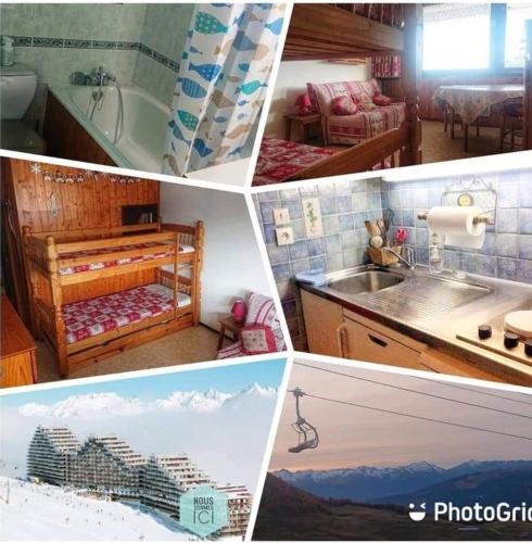 un collage de photos d'une chambre et d'une salle de bains dans l'établissement Studio au pied des pistes La Plagne, à Mâcot La Plagne