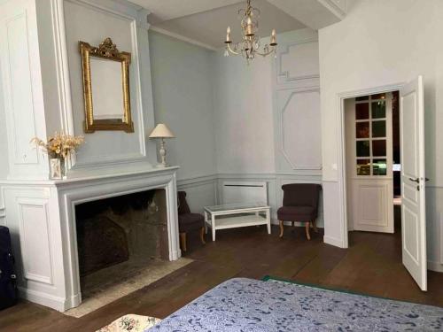 un salon avec une cheminée et un miroir dans l'établissement Appartement historique - 2 chambres, à Saint-Malo