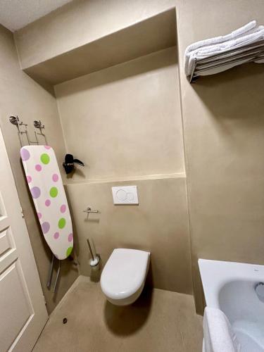 a small bathroom with a toilet and a sink at Hôtel & Appart-hôtel Olatua in Bidart