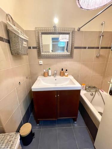 une salle de bain avec un lavabo, un miroir et une baignoire dans l'établissement Appartement 2 pièces spacieux terrasse vues sur les pistes, à Saint-Étienne-de-Tinée