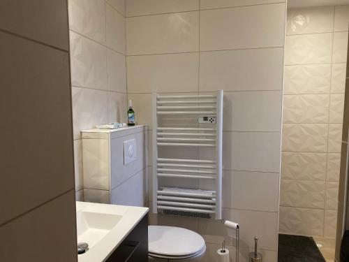 a small bathroom with a toilet and a sink at Le Petit Ronsard in Flers
