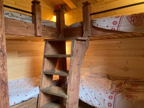 a bunk bed in a log cabin with two bunk beds at Chalet L'Ourse avec Spa Pralognan-La-Vanoise in Pralognan-la-Vanoise