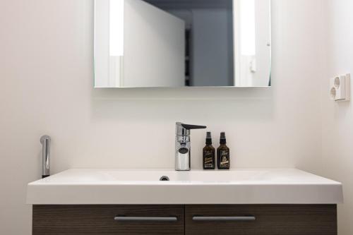a bathroom with a sink and a mirror at Cozy Aurora Chalet with Sauna By BookLapland in Rovaniemi