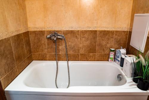 a white bath tub with a shower in a bathroom at Alpine Retreat Maisonette in Bansko