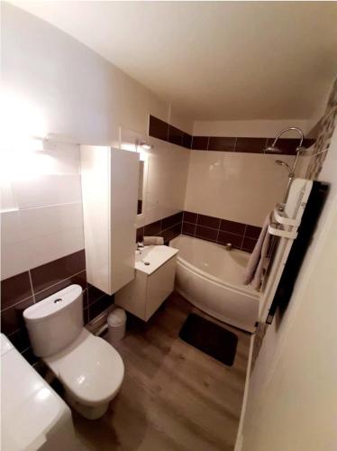 une salle de bain avec toilettes, lavabo et baignoire dans l'établissement La cour de Jeanne studio centre ville, à Aurillac